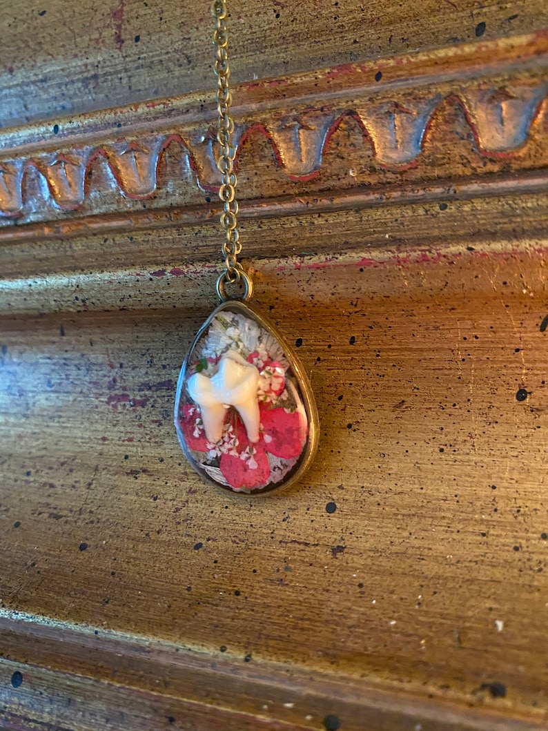 Floral Raccoon Tooth Tear Drop Pendant