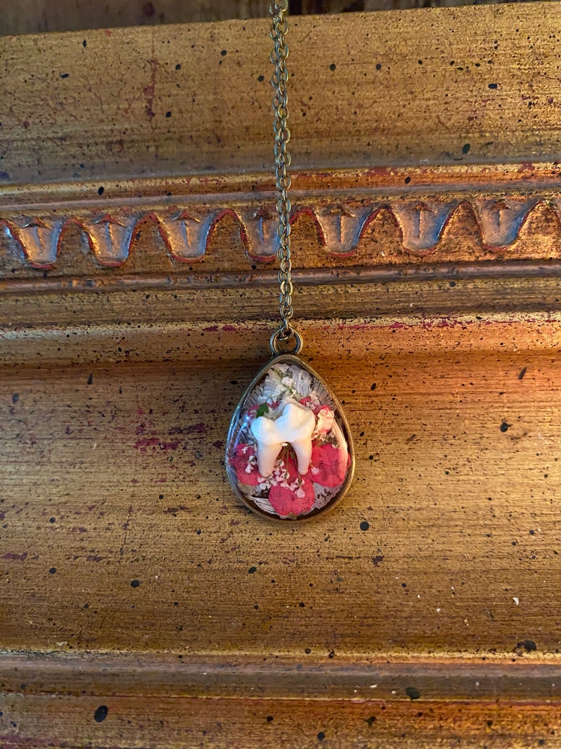 Floral Raccoon Tooth Tear Drop Pendant