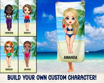 Custom Character Beach Towel Adult Personalized Beach Towel Girls Trip Weekend Getaway, Chibi Avatar Selfie Face Beach Towel Ladies Vacation