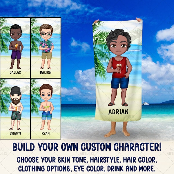 Custom Character Beach Towel, Guys Trip Selfie Matching His and Her Group Weekend Getaway Mens Personalized Cartoon Avatar Beach Towel Chibi