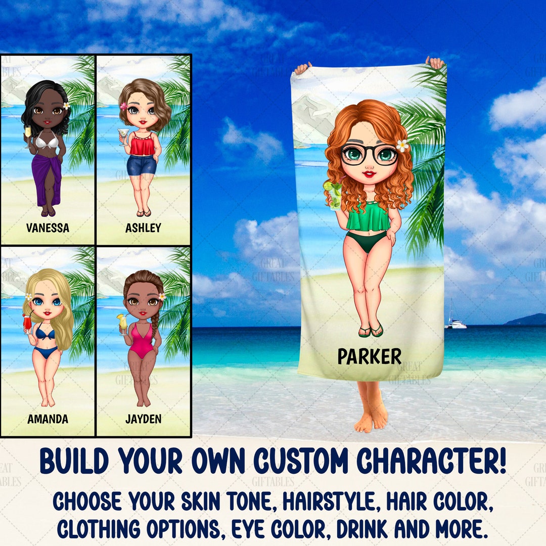 Custom Cartoon Character Beach Towel, Girls Trip, Group Weekend Getaway Swag, Personalized Chibi