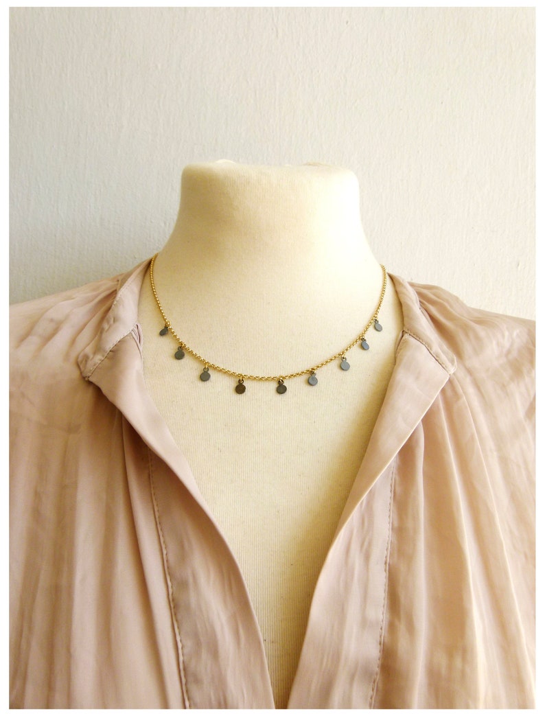 Black gold drop necklace Minimal Boho gift for her Girlfriend gift necklace Multi disc necklace Short necklace Dainty everyday jewelry