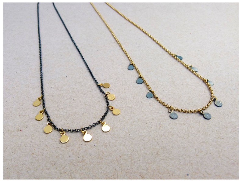 Black gold drop necklace Minimal Boho gift for her Girlfriend gift necklace Multi disc necklace Short necklace Dainty everyday jewelry