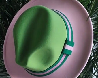 Pink and Green Pinched Fedora Gift | Pink and Green Two-Toned Fedora | Pink and Green Soror Gift