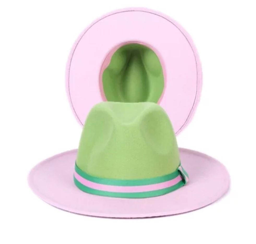 Pink and Green Pinched Fedora Woven Two-toned Hat - Soror  display picture 1
