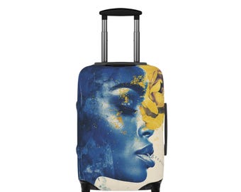 Funda de equipaje con cara azul y rosa amarilla/funda de maleta/regalo para hermanas (21 x 14 pulgadas)