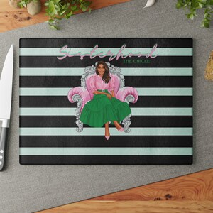 Sisterhood Pink and Green Glass Cutting Board | Soror Glass Charcuterie Cutting Board