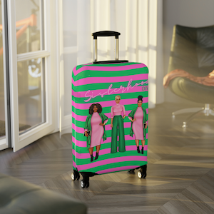 Pink and Green Sorority Themed Luggage Cover | Sisterhood Divine Sorority Luggage Cover