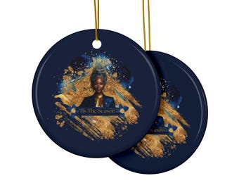Adornos decorativos de cerámica azul y dorado Tis The Season Soror / Doble cara (1 pieza, 3 piezas, 5 piezas, 10 piezas)
