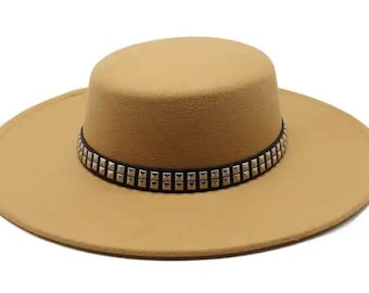Sombrero Fedora color canela: banda con tachuelas, estilo gótico bohemio chic, ala ancha unisex