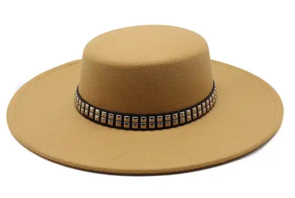 Tan Fedora Hat: Studded Band, Gothic Boho Chic, Unisex Wide  display picture 3