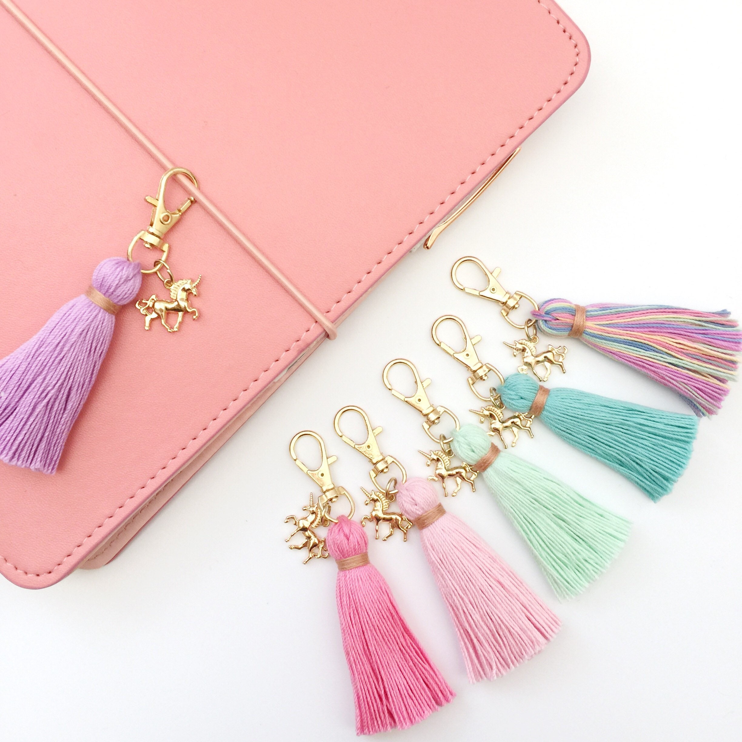 Unicorn Dreams Charm Tiny Tassel Gold Keychain *Choose Your Color*