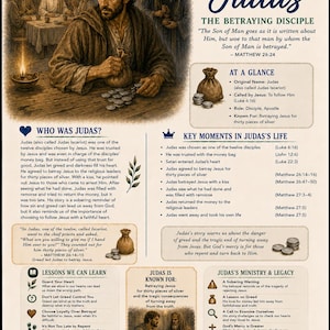 May include: A Bible study guide titled Judas The Betraying Disciple featuring an illustration of Judas at a table with coins and a money bag. The document includes sections on his life, key moments, lessons, and ministry with text from Matthew 26:24.
