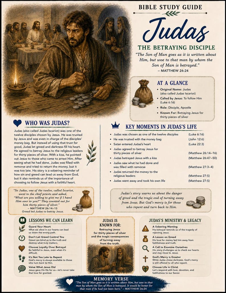 May include: A Bible study guide titled Judas The Betraying Disciple featuring an illustration of Judas at a table with coins and a money bag. The document includes sections on his life, key moments, lessons, and ministry with text from Matthew 26:24.