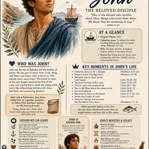 May include: A Bible study guide for John the Beloved Disciple featuring an illustration of a man, a boat, and a fishing net. The document includes sections titled Who Was John, Key Moments in John's Life, Lessons We Can Learn, and Ministry.