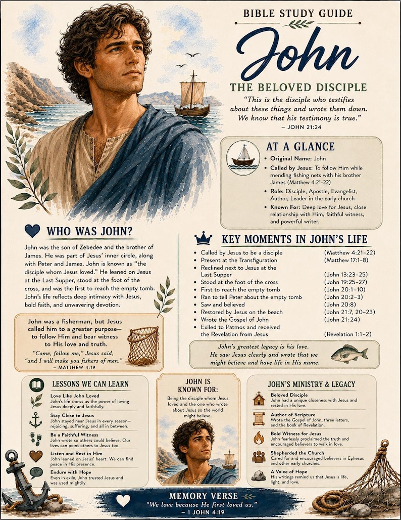 May include: A Bible study guide for John the Beloved Disciple featuring an illustration of a man, a boat, and a fishing net. The document includes sections titled Who Was John, Key Moments in John's Life, Lessons We Can Learn, and Ministry.