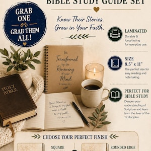 May include: A 12 Disciples Bible study guide set featuring a spiral-bound notebook with the text Be Transformed by the Renewing of your Mind, a Holy Bible, a pen, a mug, and a candle. The set measures 8.5 inches by 11 inches and offers square or rounded corners.