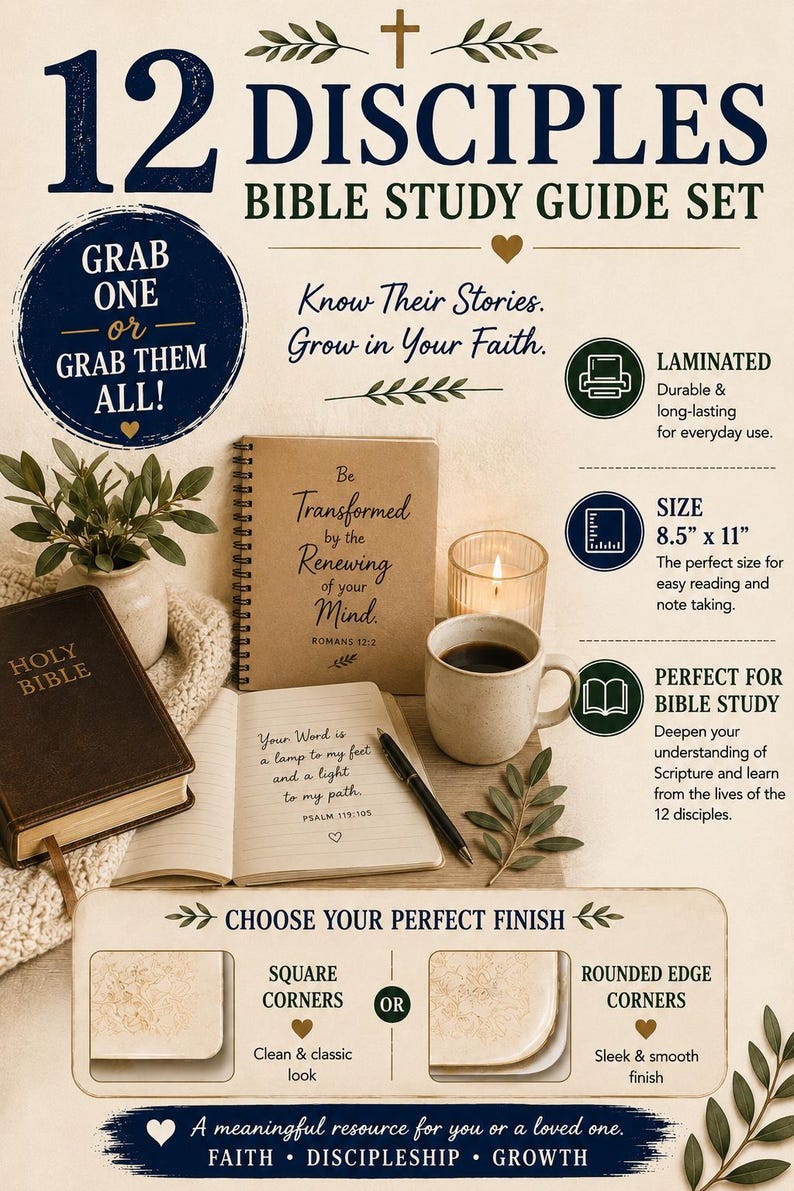 May include: A 12 Disciples Bible study guide set featuring a spiral-bound notebook with the text Be Transformed by the Renewing of your Mind, a Holy Bible, a pen, a mug, and a candle. The set measures 8.5 inches by 11 inches and offers square or rounded corners.
