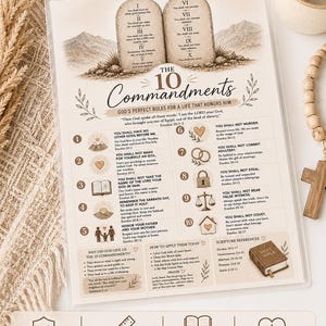 May include: A laminated 8.5 x 11 inch informational sheet titled The 10 Commandments. It features two stone tablets, a list of ten rules with icons, scripture references, and sections on applying these teachings, all printed in brown and beige.