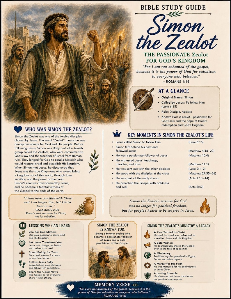 May include: A Bible study guide poster titled Simon the Zealot, featuring an illustration of a man with a raised fist, text detailing his life, key moments, lessons, and ministry, along with small icons and a verse from Romans 1:16.