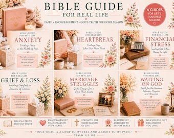 May include: A collection of six Bible guide cards titled Bible Guide for Real Life, covering topics like anxiety, heartbreak, financial stress, grief, marriage struggles, and waiting on God, featuring floral accents and scripture verses.