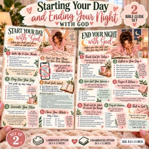 May include: A two-piece 8.5 by 11 inch Bible guide set titled Starting Your Day and Ending Your Night with God. The printed sheets feature illustrations of a person in pajamas, floral accents, numbered lists, checkboxes, and scripture verses.