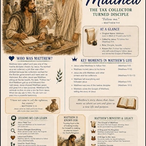 May include: A Bible study guide titled Matthew: The Tax Collector Turned Disciple. It features an illustration of Jesus calling Matthew, with sections detailing his life, key moments, lessons, and ministry, including text from Matthew 9:9 and 9:13.