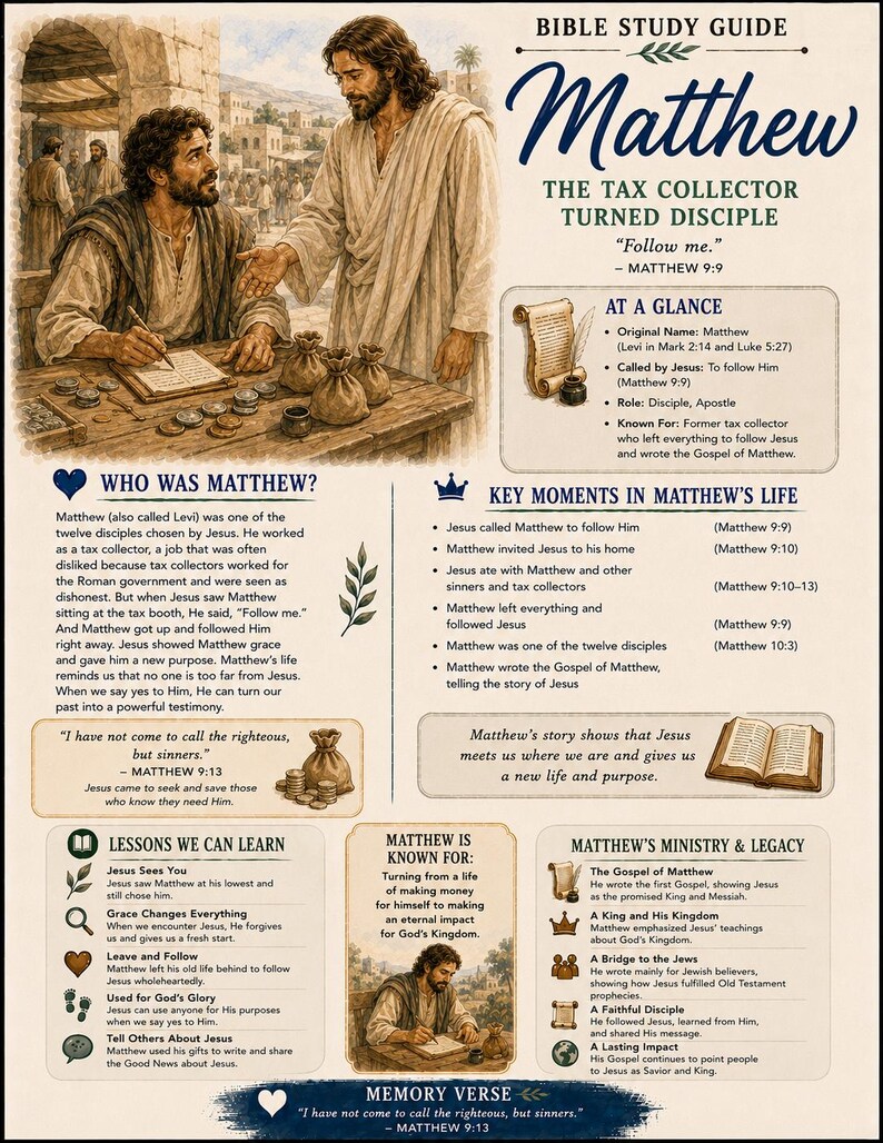 May include: A Bible study guide titled Matthew: The Tax Collector Turned Disciple. It features an illustration of Jesus calling Matthew, with sections detailing his life, key moments, lessons, and ministry, including text from Matthew 9:9 and 9:13.