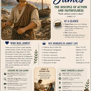May include: A Bible study guide about James featuring an illustration of a man holding a fishing net by the sea. The text includes sections titled Who Was James, Key Moments in James' Life, Lessons We Can Learn, and James' Ministry & Legacy.