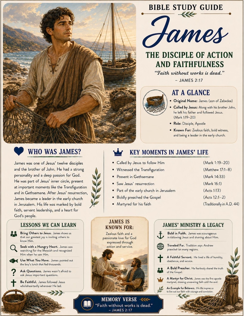 May include: A Bible study guide about James featuring an illustration of a man holding a fishing net by the sea. The text includes sections titled Who Was James, Key Moments in James' Life, Lessons We Can Learn, and James' Ministry & Legacy.