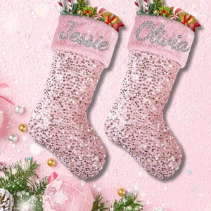 Personalized Pink Sequin Christmas Stocking | Custom Name Holiday Stocking | Glitter Sparkle Stocking |Glam Christmas Decor | Gift for Her