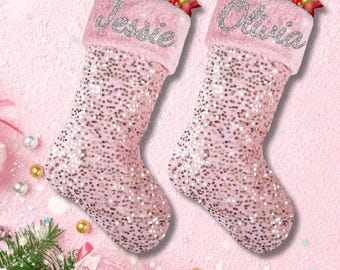 Personalized Pink Sequin Christmas Stocking | Custom Name Holiday Stocking | Glitter Sparkle Stocking |Glam Christmas Decor | Gift for Her