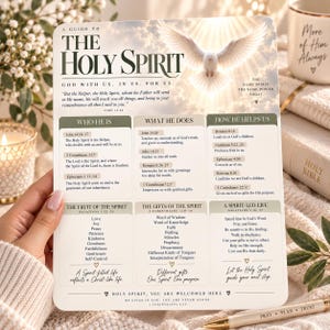 May include: A rectangular informational card titled A Guide to The Holy Spirit, featuring a white dove illustration against a cloudy sky. The card includes sections on Who He Is, What He Does, How He Helps Us, The Fruit of the Spirit, and The Gifts of the Spirit with scripture references and text.