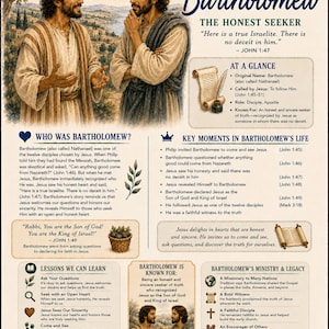 May include: A Bible study guide about Bartholomew featuring an illustration of two men in robes, text sections titled Who Was Bartholomew, Key Moments, Lessons We Can Learn, and Ministry & Legacy, with a memory verse from John 1:47 at the bottom.