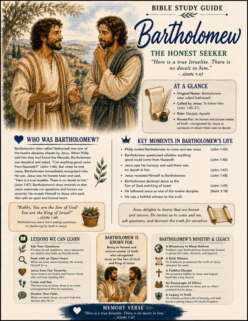 May include: A Bible study guide about Bartholomew featuring an illustration of two men in robes, text sections titled Who Was Bartholomew, Key Moments, Lessons We Can Learn, and Ministry & Legacy, with a memory verse from John 1:47 at the bottom.