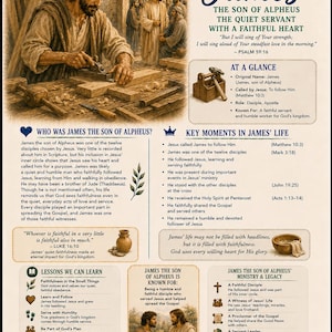 May include: A Bible study guide for James, the son of Alpheus, featuring illustrations of a carpenter, a wooden toolbox, and two men talking. The text includes biographical details, key life moments, lessons, and the memory verse from Psalm 59:16.