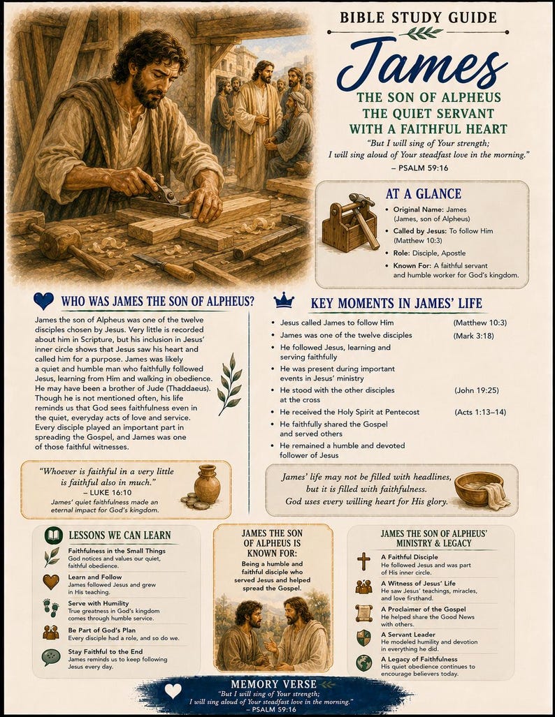 May include: A Bible study guide for James, the son of Alpheus, featuring illustrations of a carpenter, a wooden toolbox, and two men talking. The text includes biographical details, key life moments, lessons, and the memory verse from Psalm 59:16.