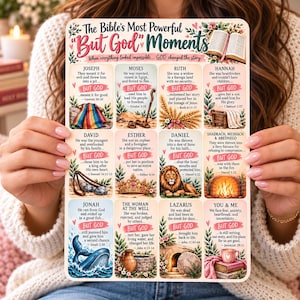 May include: A rectangular sign titled The Bible's Most Powerful But God Moments, featuring twelve illustrated sections with biblical figures like Joseph, Moses, and Daniel, each accompanied by a short narrative, scripture reference, and floral accents.
