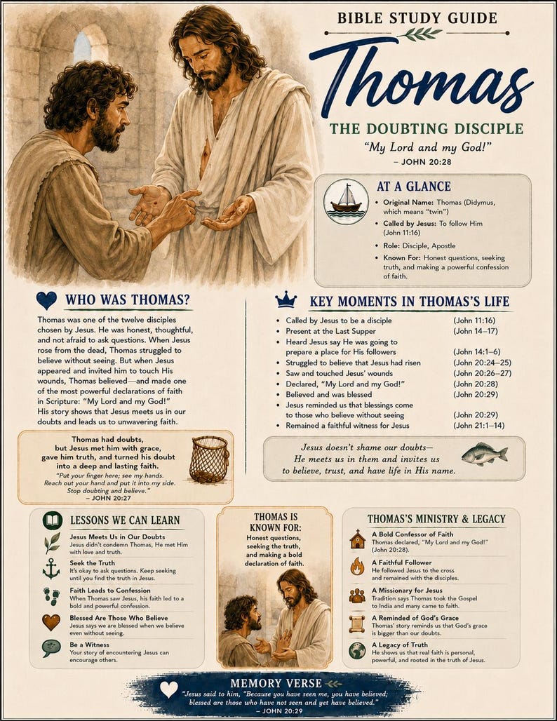 May include: A Bible study guide poster titled Thomas The Doubting Disciple featuring an illustration of Jesus showing his wounds to Thomas. The document includes sections on Thomas's life, key moments, lessons, and ministry, with text from John 20:28.