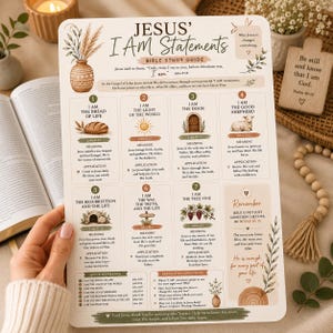 May include: A white Bible study guide titled Jesus' I AM Statements featuring seven numbered sections with illustrations and text. The guide includes a vase graphic, wheat, a sun, a door, a lamb, a tomb, a signpost, and grapevines with text.