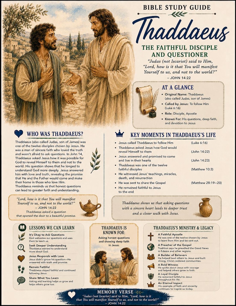 May include: A Bible study guide about Thaddaeus featuring an illustration of Jesus and the disciple. The document includes sections titled At a Glance, Who Was Thaddaeus, Key Moments in Thaddaeus's Life, Lessons We Can Learn, and Ministry & Legacy.