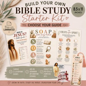 May include: A Bible study starter kit featuring 8.5 x 11 inch laminated guides. Includes sheets titled Who Is Jesus, SOAP Bible Study Method, and Fruits of the Spirit, alongside a Bible emergency numbers bookmark with a pink tassel and stickers.