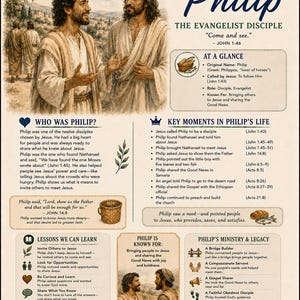 May include: A Bible study guide about Philip the Evangelist Disciple featuring an illustration of two men in robes, text sections titled Who Was Philip, Key Moments, Lessons We Can Learn, and a memory verse from John 1:46, Come and see.