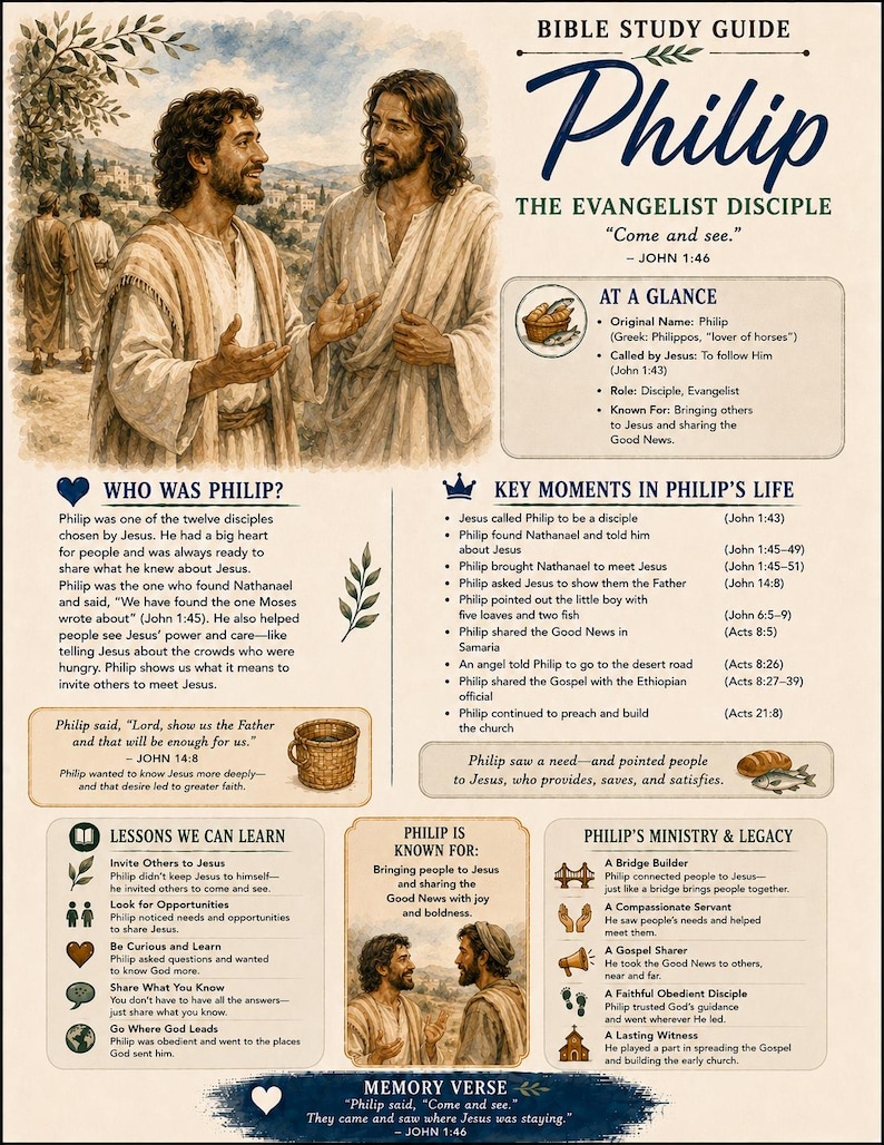 May include: A Bible study guide about Philip the Evangelist Disciple featuring an illustration of two men in robes, text sections titled Who Was Philip, Key Moments, Lessons We Can Learn, and a memory verse from John 1:46, Come and see.