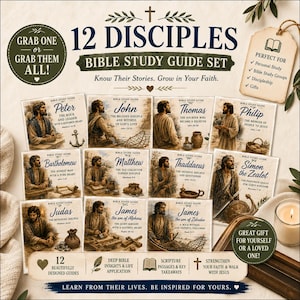 May include: A 12-piece Bible study guide set featuring individual cards for each disciple, including Peter, John, Thomas, Philip, Bartholomew, Matthew, Thaddaeus, Simon the Zealot, Judas, James son of Alphaeus, and James son of Zebedee with illustrations.
