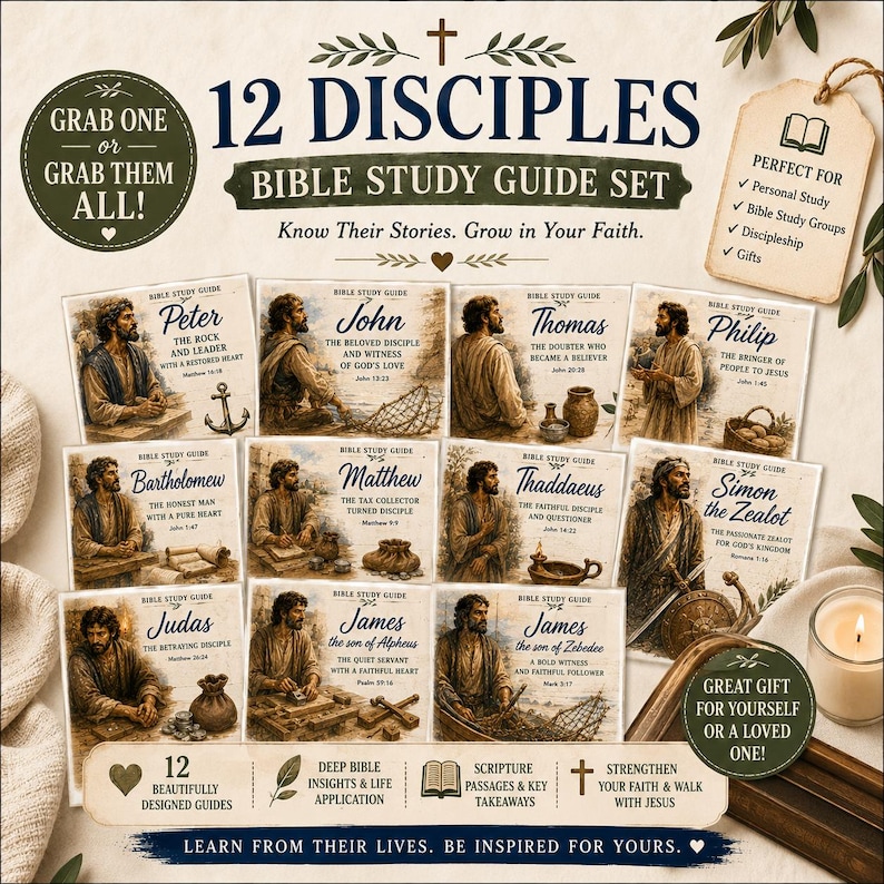 May include: A 12-piece Bible study guide set featuring individual cards for each disciple, including Peter, John, Thomas, Philip, Bartholomew, Matthew, Thaddaeus, Simon the Zealot, Judas, James son of Alphaeus, and James son of Zebedee with illustrations.