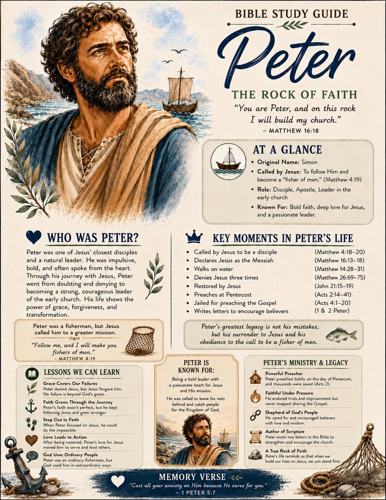 May include: A Bible study guide poster about Peter, featuring an illustration of a bearded man, a ship, and an anchor. The text includes sections titled Who Was Peter, Key Moments in Peter's Life, Lessons We Can Learn, and a memory verse from 1 Peter 5:7.