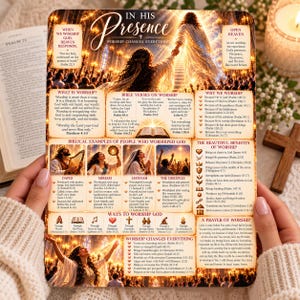 May include: A rectangular informational poster titled In His Presence featuring religious imagery, text about worship, Bible verses, and lists of benefits. The design includes illustrations of people worshipping, icons, and a prayer section with gold-toned borders.