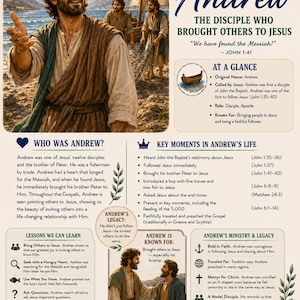 May include: A Bible study guide about Andrew, featuring illustrations of a man in robes by the sea, text detailing his life, ministry, and legacy, including key moments, lessons, and the memory verse, We have found the Messiah, John 1:41.