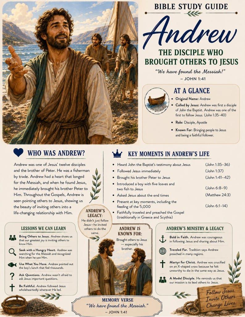 May include: A Bible study guide about Andrew, featuring illustrations of a man in robes by the sea, text detailing his life, ministry, and legacy, including key moments, lessons, and the memory verse, We have found the Messiah, John 1:41.